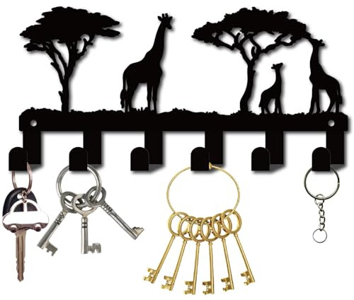 CREATCABIN Porte Clés Girafe Porte Manteau Décoratif Mural avec 6 Crochet Animal Cerf Arbre Support en Fer Organisateur pour Clés Vêtements Entrée Porte D'Entrée Couloir Décoration de Ferme 27x13cm