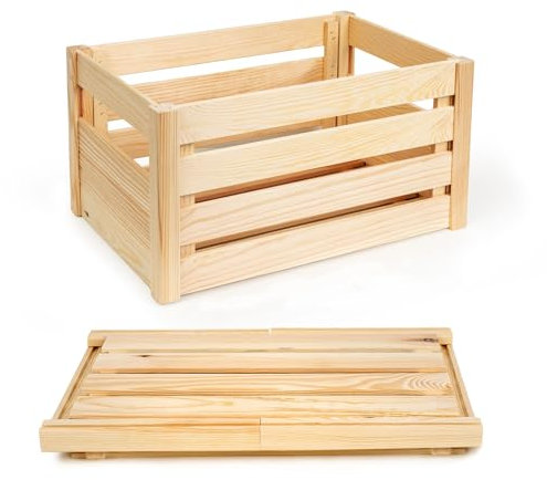 PINEEA Klappkiste aus Holz - Holzkiste Groß - Obstkiste Holz – Dekokiste 46 x 29,5 x 23,5 Werkzeuglose Montage – Platzsparend - Ideal für Transport und Lagerung - Mit Tragegriffen für Tragen