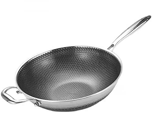 HADECOLL Wok aus Edelstahl, Wok aus Edelstahl mit Deckel aus gehärtetem Glas, doppelseitig, Wabenstruktur, 32 cm,32CM