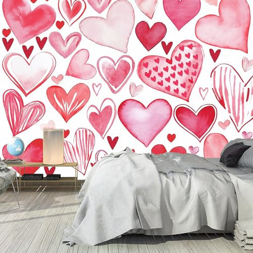 NAWVNMI Herz Tapete für Kinderzimmer, Abziehbare und Aufklebbare Tapete, Rosa Herz, Selbstklebendes Entfernbares Wandbild für Wände (300x210cm), Wandaufkleber für Schlafzimmer