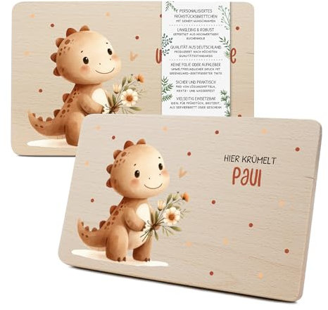 Yabaduu Individuelles Holzbrett für Kinder 23,5x15cm Frühstücksbrettchen Brotzeitbrett personalisiert aus Holz Tier-Motiv als Geschenk Geburtstag Kind RV007 (12 Dino, Mit Wunschname)