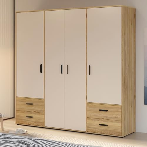 Forte Jupiter Kleiderschrank 200 210, Schrank mit 4 Drehtüren und 4 Schubladen, Kaschmir/Beige, Sand/Mauvella Eiche Dekor, 205,9 cm breit, 200,1 cm hoch, 52,7 cm tief