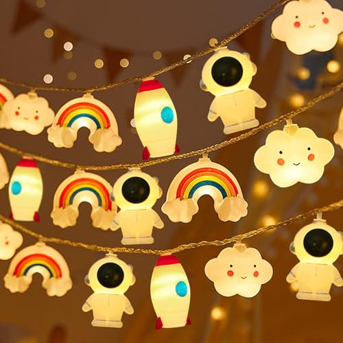 Lichterkette Kinderzimmer, Lichterkette Innen Außen, 2m 10 LED, mit Astronauten, Raketen, Wolken, Regenbogenmuster, Geeignet für die Dekoration von Schlafzimmer, Geburtstagsfeier, Kinderbett usw