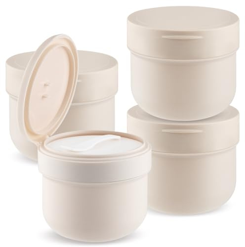 Lot de 4 pots vides en plastique avec couvercle, doublure intérieure et cuillère pour lotion, crème, pommades, ongles, peinture - 300 ml - Marron