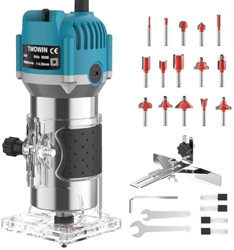 Holzfräse Oberfräse Professionell, 800 W, 30000 U/min, Handpalmenfräser mit 1/4 Zoll Zangen und 15 Fräsen, Kantenfräse aus Aluminium zum Fasen, Nuten, Schneiden, Bohren