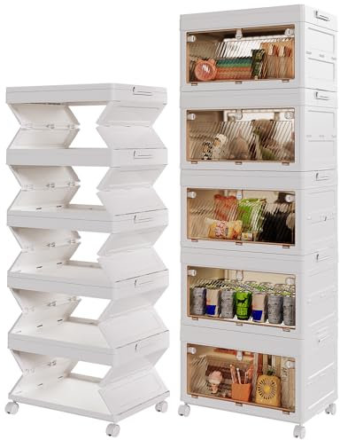 NEW Integrated Storage Boxes with Lid 60L*5 Tier One-Piece Design Plastic Storage Boxes, Flip-Door Foldable Stackable Bins with Wheels, Stackable Drawers Containers for Home Office Organisation