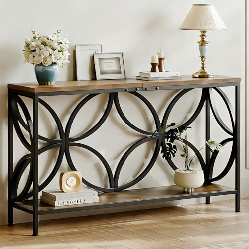 Tohomeor Narrow Sofa Table Industrial Modern Sofa Table Behind Couch, Entry Console Table with Storage for Entryway, Living Room, Foyer, Flower Design (Rustic Brown, 120cm)