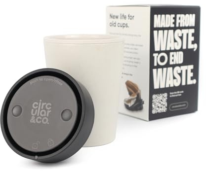 Circular&Co 8oz / 227ml Reusable Coffee Cup – Made from Recycled Paper Cups – Leakproof, Lockable Small Travel Mug, BPA Free – Chalk & Ink Black – Made in the UK