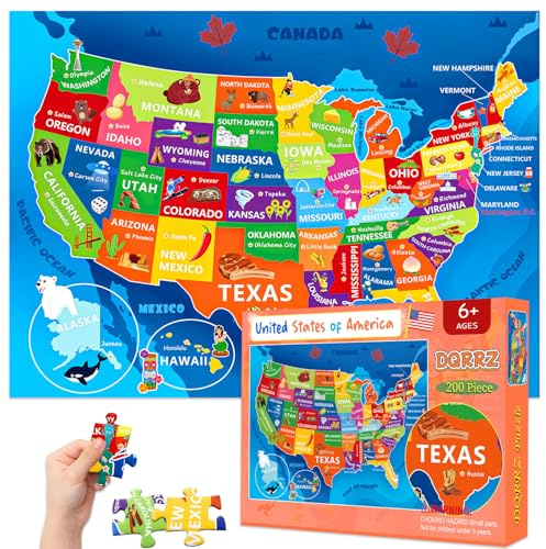 United States Map Puzzle for Kids Ages 6-8 8-10 10-12 - 200 Piece Floor Jigsaw with Poster - Educational USA Geography Jigsaw with 50 States & Capitals - Large Map Puzzle STEM Gift for Boys and Girls