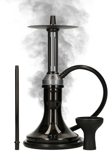 Chicha EL-BADIA® Fusion – 46 cm – Grande Chicha Moderne & Futuriste en Aluminium avec Vase en Verre, Diffuseur Amovible, Purge 360°, Tuyau & Foyer en Silicone – Shisha Premium – Set Complet (Black)