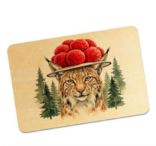 speecheese Luchs Postkarte aus Holz mit Bollenhut, Schwarzwald Motiv | Holzpostkarte als Grußkarte, beschreibbar und als Kompaktbrief versendbar, für Naturfreunde und Schwarzwaldliebhaber.