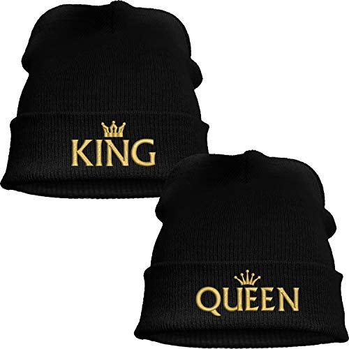 Nashville print factory Strickmütze Leisure Beanie Bestickt mit Motiv Krone/King/Queen in Goldener Schrift Stickerei Partner-Mütze für Sie & Ihn (King & Queen)