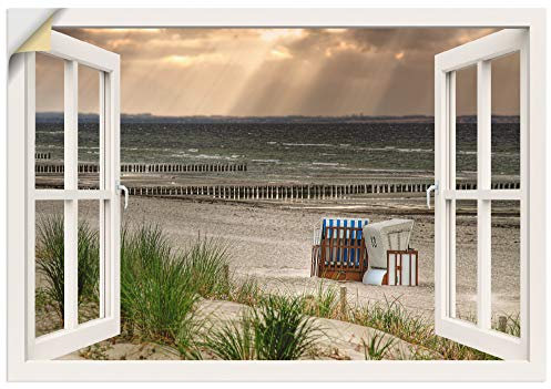 ARTland Wanddeko Wandtattoo selbstklebende Vinylfolie 130x90 cm Fensterblick Fenster Strand Düne Meer Maritim Strandkorb Küste Insel T6AM