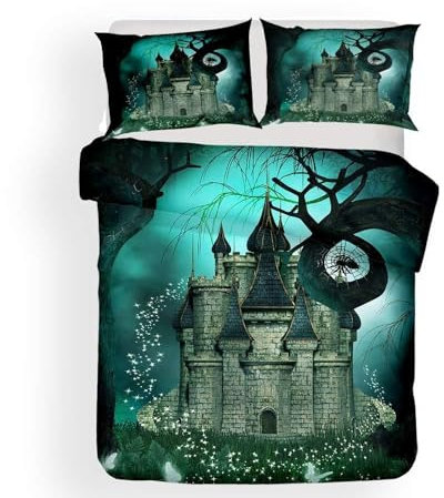 Morbuy Bettbezug Bettwäsche Set, 3D Mythischer Wald Drucken Bettwäsche-Set Deluxe Mikrofaser Weiche mit Reißverschluss Bettbezug und Kissenbezüge (135x200cm -2pcs,Seltsames Schloss)