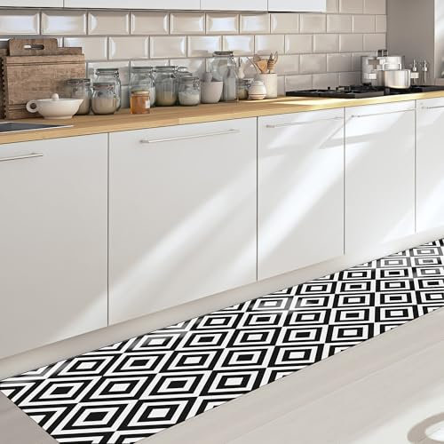 CREARREDA Läufer Teppich Küchenteppich Black & White 50x240 Isolierend, feuerhemmend, Kratzfest, hypoallergen, leicht zu waschender Vinyl Teppich. Komplett in Italien hergestellt