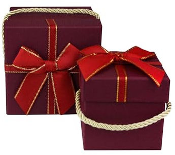 Emartbuy Set of 2 Red Square Gift Boxes with Gold Rope Handle & Satin Ribbon – Luxury Rigid Cardboard Boxes for Festive, Wedding & Corporate Gifting | 8 x 8 x 8 cm & 10 x10 x 10 cm