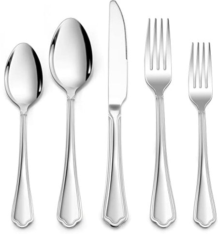 LIANYU 60-teiliges Besteck-Set, Edelstahl-Besteck-Set für 12 Personen, Essutensilien mit gewelltem Rand, inklusive Messer, Gabeln, Löffel, spülmaschinenfest, hochglanzpoliert