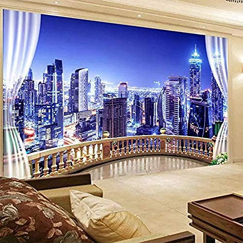 XiuTaiLtd Balcony Outside New York City Night Building Series Custom 4D Wallpaper Wall Decoration Wallpaper 3D Effect Wall Paper Living Room Bedroom-150x105 CM