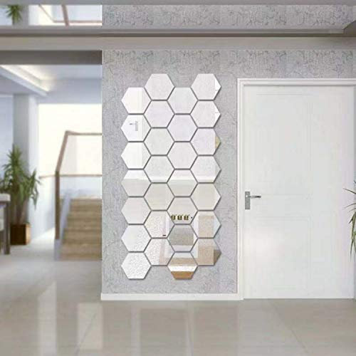 SUNIY 24 Stück 9cm sechseckiger Spiegel Wandaufkleber, DIY Dekorative 3D Sechseck Acryl Tabelle Kunststoff Fliesen für Home Wohnzimmer Sofa TV Einstellung Wand Dekoration Silber