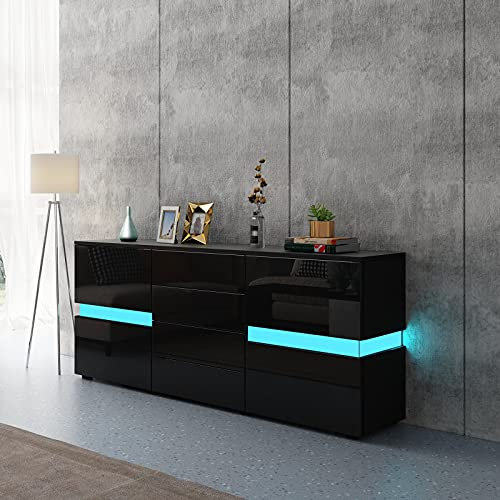 AWOOOD LED Sideboard Cabinet,TV Unit High Gloss Sideboards Storage Cabinet with 2 Doors 4 Drawers,TV Stands for Living Room (Black)