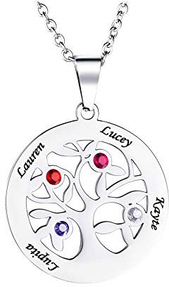 HOUSWEETY Collier Pendentif Gravure Personnalisé 2-7 Prénom Rond Arbre de Vie avec Acier Inoxydable Pendentif Pierres de Naissances Collier pour Femme