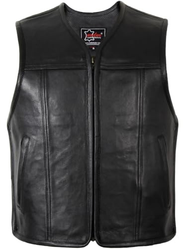 MDM Gilet Uomo In Vera Pelle Nera - Giacca Moto Uomo Senza Maniche - Gilet Moto Uomo Con Cerniera, Tasche E Interno Traforato