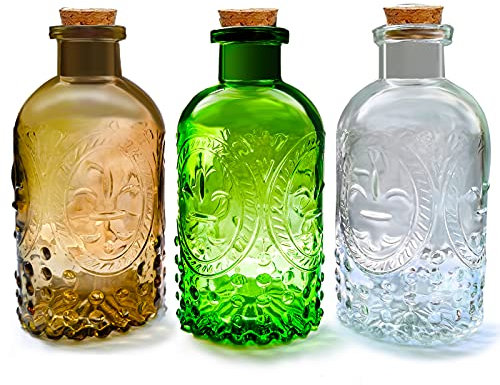 Small Clear Glass Apothecary Diffuser Decorative Bottles Vase Home Decorations Ornaments with Cork Lids ,Spice Container Spell Jars,Wedding Witchcraft Supplies, Set of 3 ,Antique /Vintage Style…