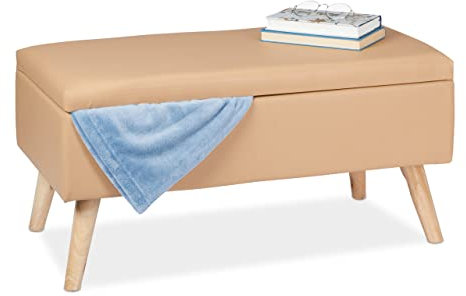 Relaxdays Sitzbank mit Stauraum, 40 L, gepolstert, Holzbeine, Truhenbank Kunstleder, HxBxT: 40 x 80 x 39,5 cm, beige