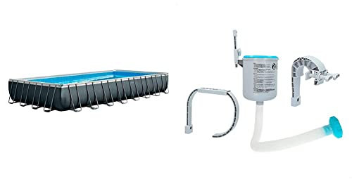 Intex 26374 Piscina Rettangolare, con Pompa a Sabbia, Scaletta Doppia, Telo, Capacità d'Acqua 54.368 L al 90%, Grigio, 975 x 488 x 132 cm & Skimmer Di Superficie Per Montaggio A Parete, Grigio Blu
