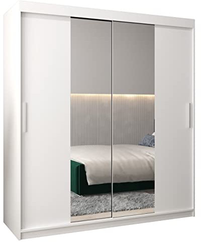 ABIKSMEBLE Tokyo 1 180 Armoire à deux portes coulissantes pour chambre à coucher Armoire de rangement moderne avec miroir, barre et étagères, 180 x 200 x 62 cm (l x H x P) - Blanc mat