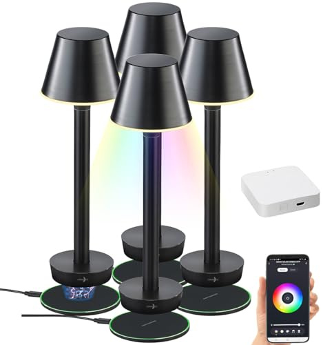 Lunartec Kabellose LED-Tischlampe: 4er-Set Smarte Outdoor-Tischlampe mit WLAN-Gateway, RGB-CCT-LEDs, App (Lampe Terrassentisch, Leselampe, Lampen Garten)
