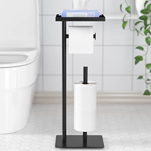 Freistehender Toilettenpapierhalter mit oberem Ablagefach, schwarzer Toilettenpapierhalterständer, bodenstehender Toilettenpapierspender mit Aufbewahrung für 4 Reserverollen