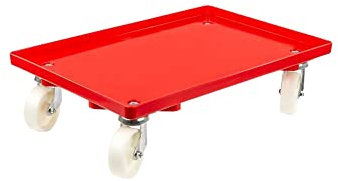 Transportroller für Euroboxen 60x40cm mit Kunststoffräder rot | Geschlossenes Deck | 4 Lenkrollen | Traglast 300kg | Kistenroller Logistikroller Rollwagen Profi-Fahrgestell