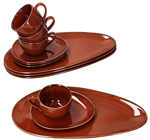 MamboCat 12tlg. Kaffee-Service Marron Taste für 4 Personen I kastanienfarbenes Porzellan-Geschirr I jedes Teil ein Unikat I 4x Tasse 150ml, 4x Untertasse + 4x Kuchenteller I gerundete organische Form