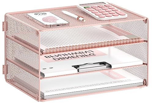 DALTACK 3 Tier Letter Tray Paper Organizer Mesh Metal Desk File Organizer for Home & Office, Pink