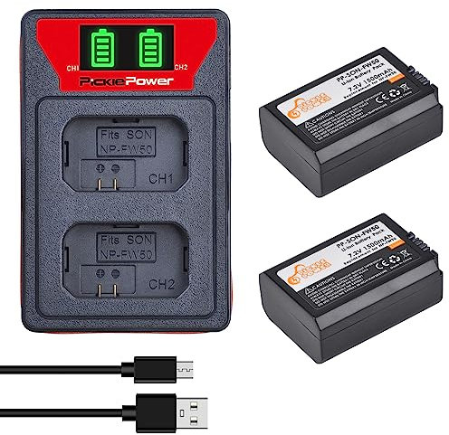 Pickle Power 2X1500mAh NP-FW50 Batteria e caricabatterie Dual USB compatibile con Sony Alpha A6000 A6300 A6400 A6500 A3000 A5000 A5100 A7 A7II A7RII RX10 NEX-3/5/7 Series