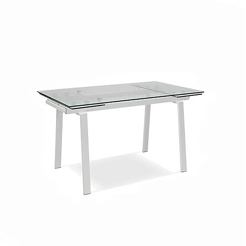STONES HOME FURNITURE Ausziehbarer Esstisch Tommy, Tischplatte aus gehärtetem Glas und Beine aus Metall mit 8 Plätzen, 200 x 80 cm, 76 h (weißes Metall)
