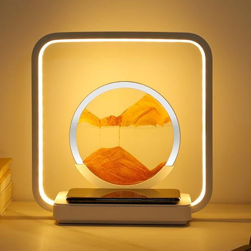 LIROPAU Sandbilder Zum Drehen, Fließende Sandkunst mit Led Licht, Bewegende Sandkunst 3D Dynamisches Sandbild, Kabelloses Laden Bewegende Sandkunstbild Landschaft für Desktop Deko (Orange)