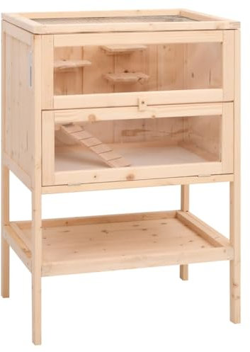 vidaXL Hamsterkäfig, Nagerkäfig mit Frontscheibe unterer Ablage, Kleintierkäfig Nagerstall Nagervilla, Mäusekäfig Nagerhaus, Massivholz Tanne