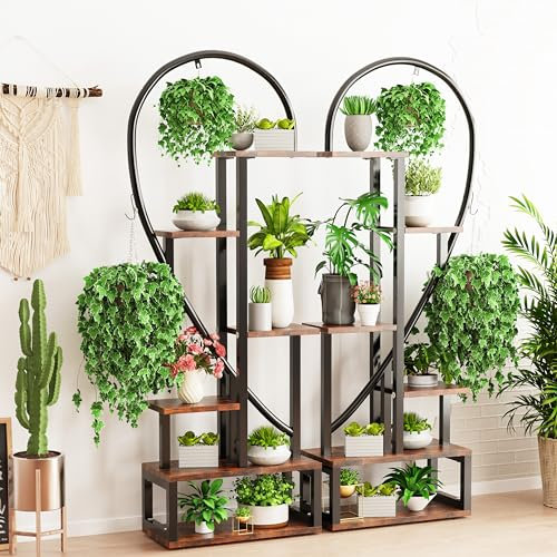 unho Porte Plante Intérieur en Fer Forge: Étagère Plante avec 2 Crochets Suspendues Support Pot de Fleurs en Métal à 6 Niveaux Décoration pour Balcon Salon - 165x112x28 cm