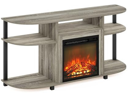 Furinno Jensen Open Storage Curved Entertainment Center Stand with Fireplace for TV up to 55 Inch, 55-Inch, French Oak Grey