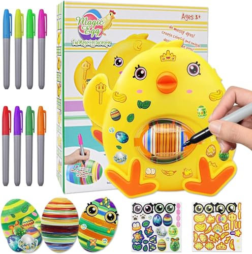 Funmo Ostereier Dekoration Set, DIY Ei Dekoration Coloring Kit, Ostereier-Maschine mit Spinner, inkl 8 bunte schnell trocknende Marker, 3 Eier, DIY bemalte dekorative Ostereier für Kinder (Küken)