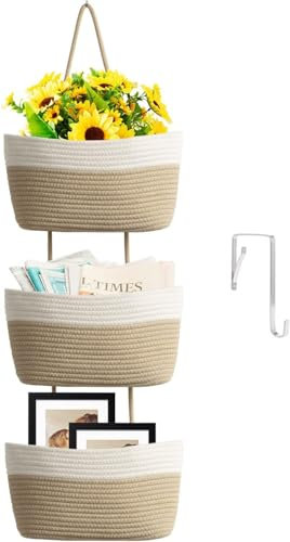 TeoKJ Hängekorb für die Tür, 3-stöckig, gewebte Baumwolle, Wandmontage, Organizer, Tasche, dekorative hängende Küchenkörbe – Weiß + Jute