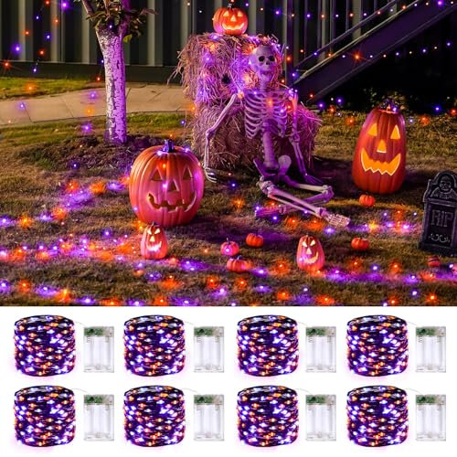 JMEXSUSS 8 Pack 50 LED Orange and Purple Fairy Lights Battery Operated 16.1ft Twinkle Lights