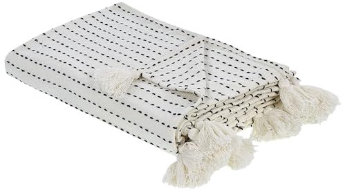 Decke Chenille weiß / cremeweiß 200 x 220 cm mit Quasten gestreift Modar