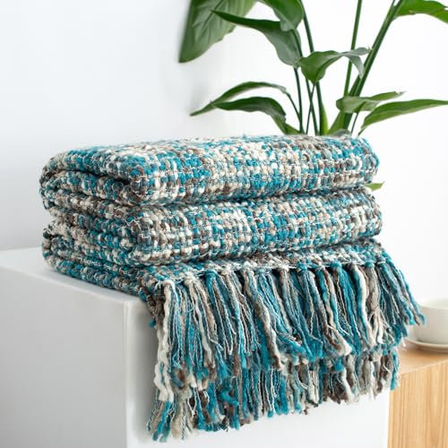 GINAMUSE Multi-Color Teal Cable Knitted Throw Blanket for Couch,50X60 Boho Style Textured Blankets for Home Decor,Super Soft Warm Cozy Chunky Knit Blanket with Decorative Tassels for Bed and Sofa