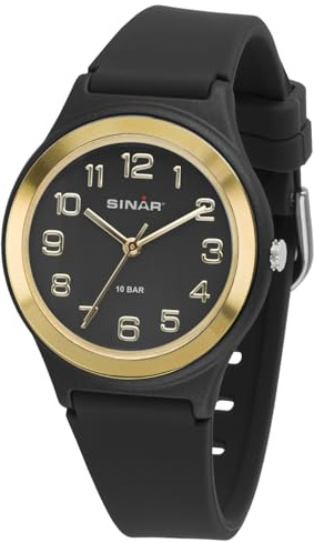 SINAR Mädchen Jungen Unisex Armbanduhr Jugend Sportuhr Fitness Analog Quarz 10 Bar wasserdicht Silikonband Schwarz Gold XB-48-10