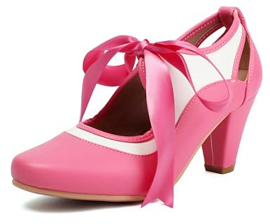 Elerhythm Mary Jane Damen-Pumps im Stil der 1950er Jahre, mit Schnürung, geschlossen, runde Zehenpartie, Vintage-Stil, 1950er Jahre, viktorianische Retro-Schuhe, Pink, 38 EU