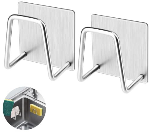 YUGUOLAN Lot de 2 porte-éponges de cuisine en acier inoxydable 304, autocollants, pour évier, couvercle de casserole, en acier inoxydable (argenté)