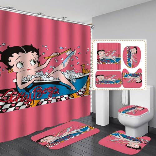 MEIYIYA Lot de 4 rideaux de douche imperméables Bettys Boops avec housse de toilette imperméable et tapis de douche